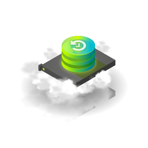 Image - three stacked disks with a backup icon on top of a server floating in clouds.
